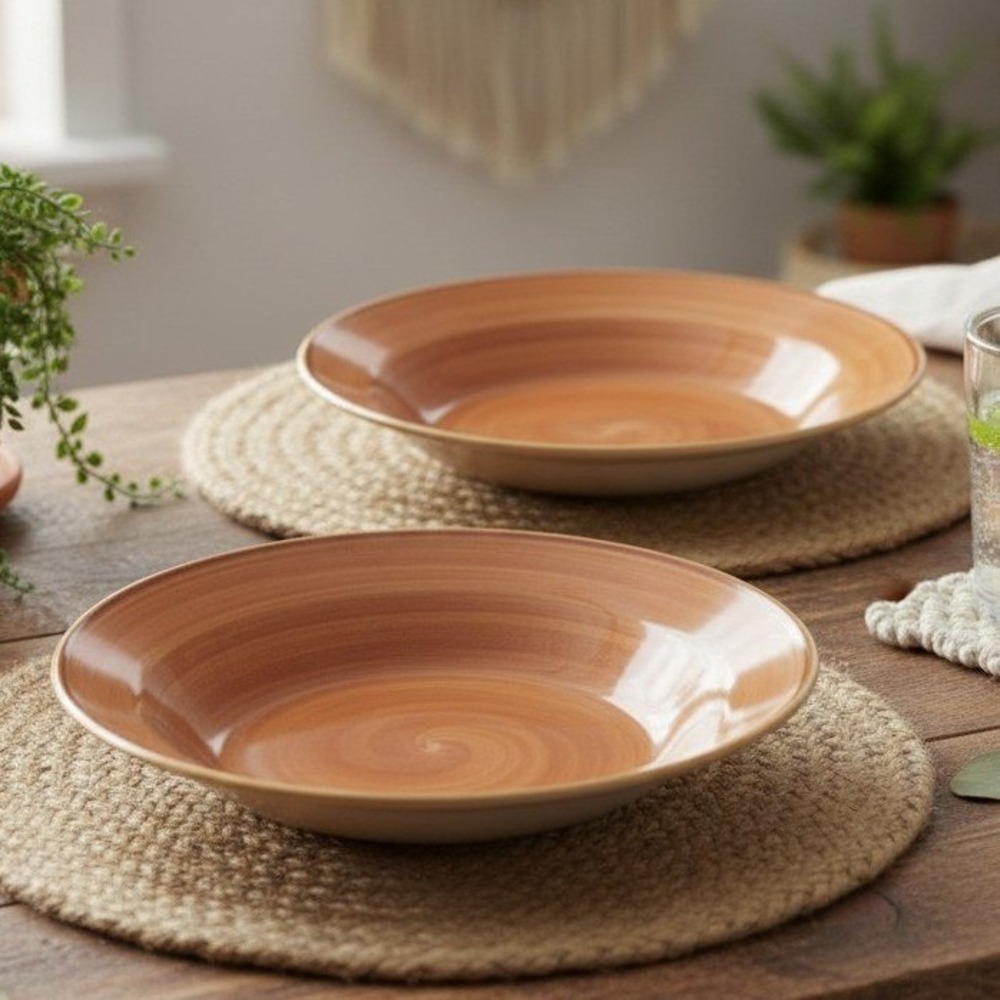 Thomson Pottery Caramel Swirl Salad Bowls, Set of 2, Vtg Stoneware Dinnerware